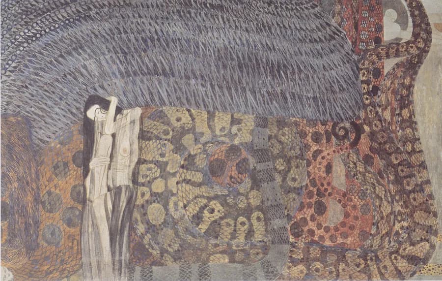 Ein Feld von Klimts Beethovenfries in der Wiener Secession, mit Kaseinfarben auf Putz gemalt: matt, mit einer Tiefe, die ein Film nicht hat.