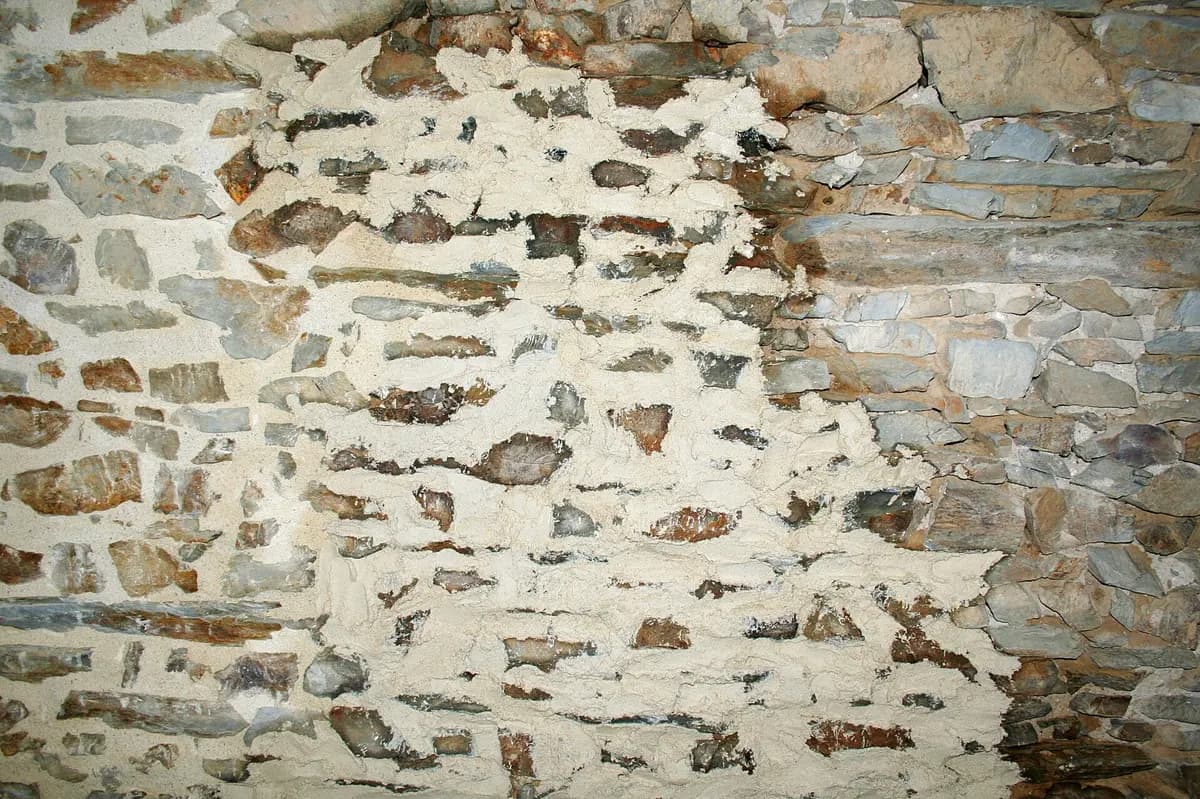 Ein Kalkputz auf halbem Weg über eine Bruchsteinwand: rechts das nackte Mauerwerk, links die Materie, die es überzogen hat.